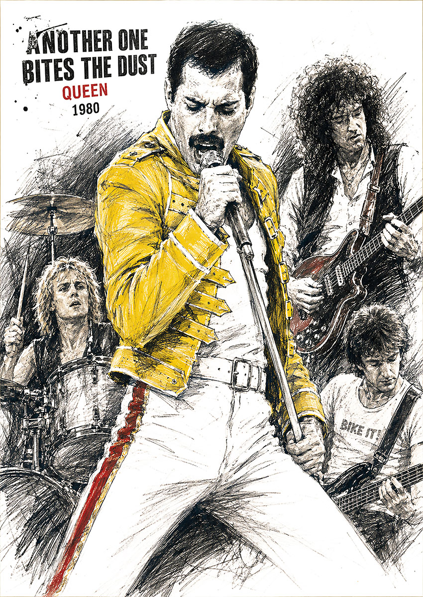 Detailed sketch style artwork of the band Queen performing their 1980 hit Another One Bites The Dust